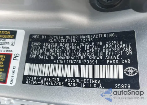 2016 Toyota Camry Le z USA, uszkodzony, nr VIN 4T1BF1FK7GU173891